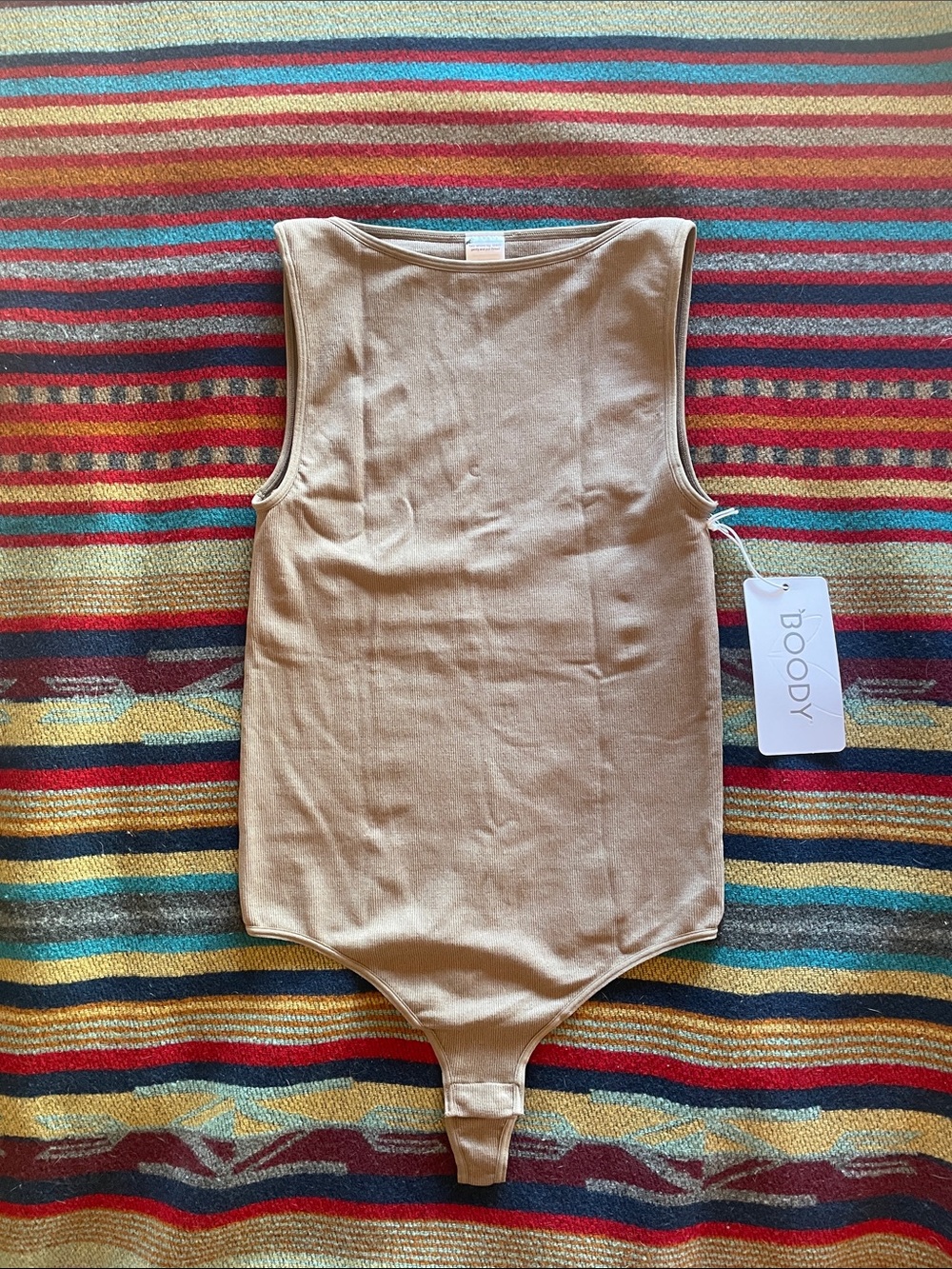 BOODY Bamboo Ribbed Boat Neck Neutral Tan Sleeveless Bodysuit for Women XS
